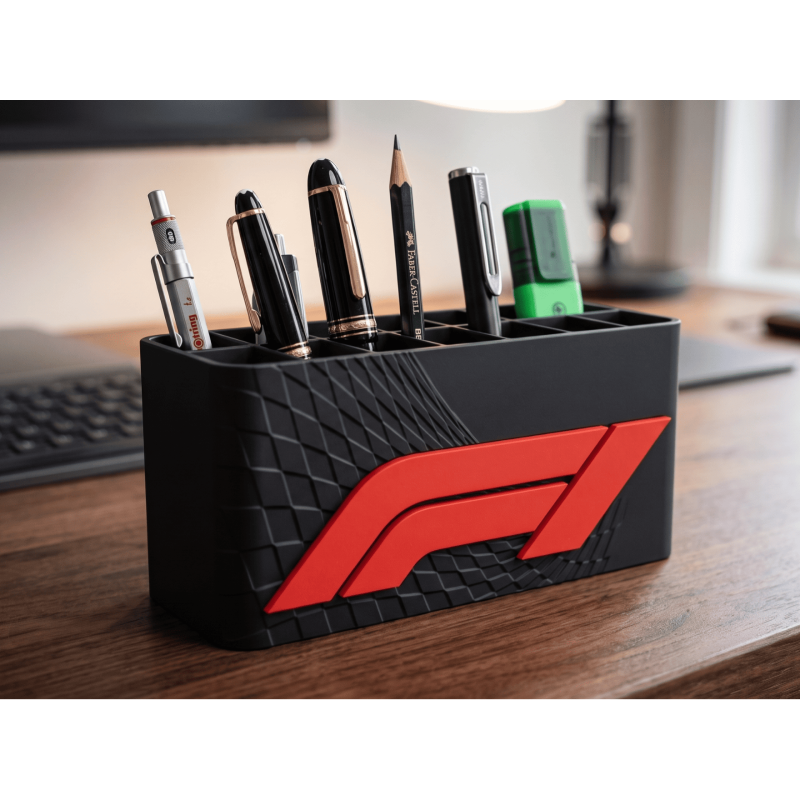 Siyah kırmızı Formula yarış temalı masaüstü kalemlik organizer ve ofis düzenleyici