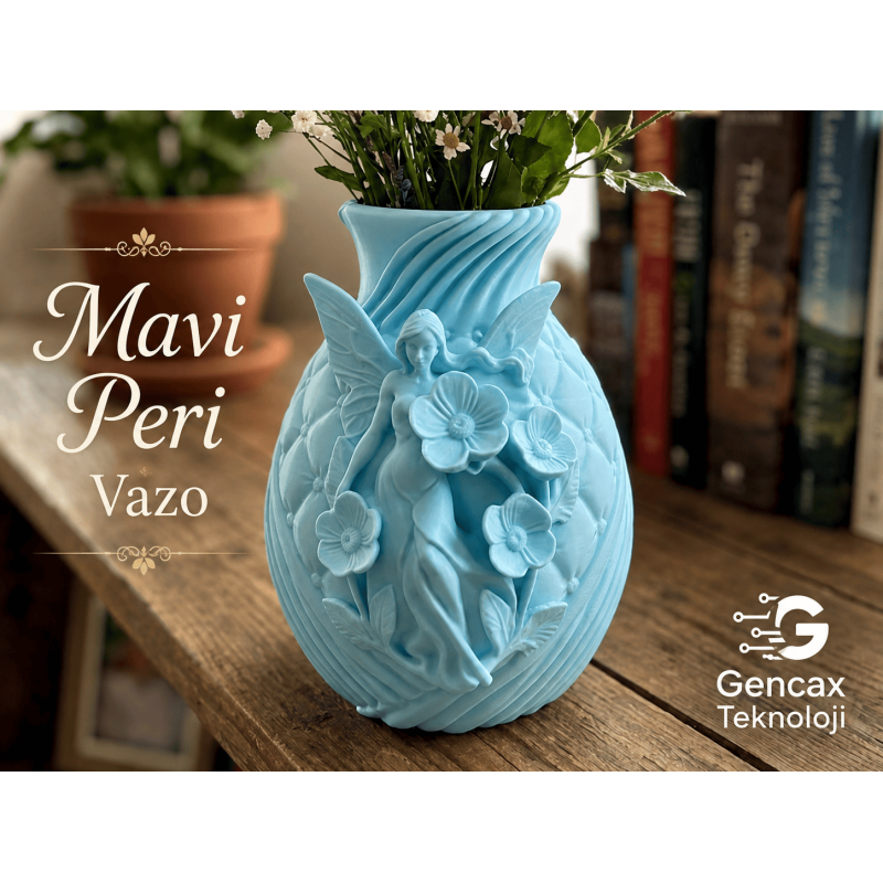Peri Figürlü Mavi Dekoratif Vazo – Modern Ev Dekoru