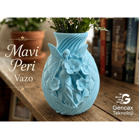Peri Figürlü Mavi Dekoratif Vazo – Modern Ev Dekoru